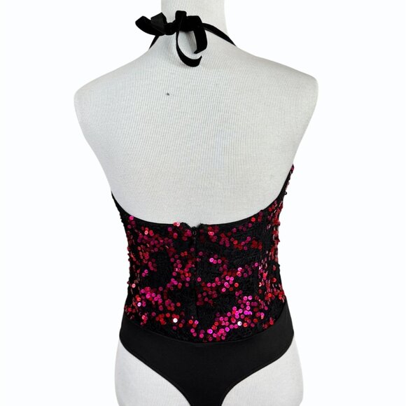 h:ours Revolve Felly Sequin Bodysuit Womens Size‎ M Fuschia Black Plunging - Picture 7 of 11